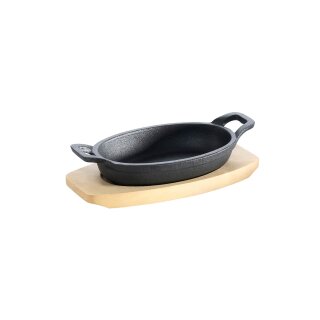 All Grill Gusseisenpfännchen-oval- mit 2 Griffen und Holzuntersetzer