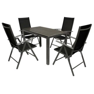 Garnitur SORANO 5-teilig, Alu + Kunstholz + Kunstgewebe schwarz, mit Tisch