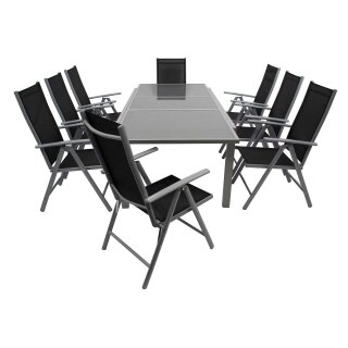 Garnitur PISA 9-teilig, Alu + Glas + Kunstgewebe schwarz
