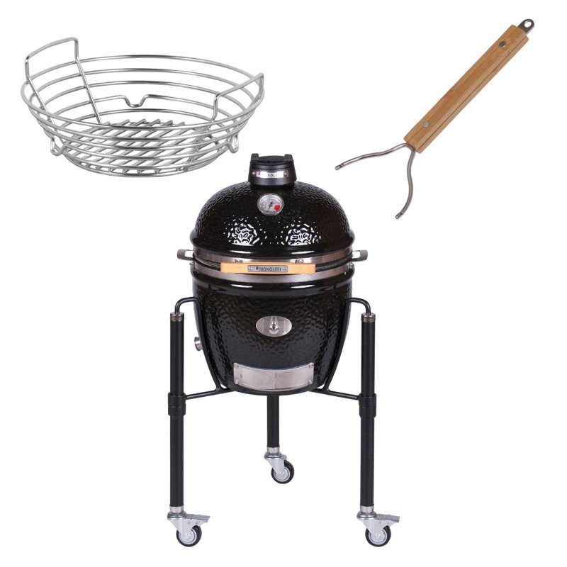 Monolith Junior PRO SERIE 2.0 BLACK inkl. Gestell + Kohlkorb + Grillrostheber